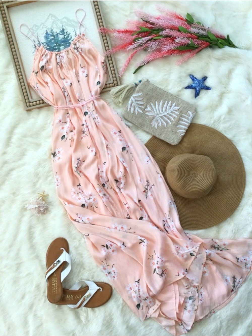 XS/S Abercrombie & Fitch Peach Floral Gecko Lizard Maxi Dress Western Boho